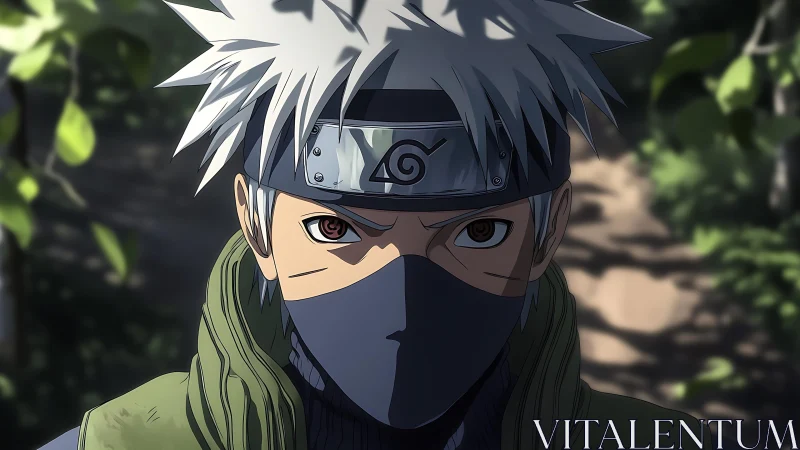 Masked silver haired ninja with headband in forest setting.