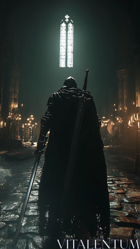 Armored swordsman in dim cathedral interior with candles.