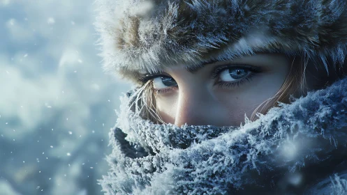 Intense winter gaze framed by frost covered fur and snow