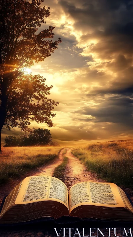 Open illuminated book on rural dirt path at golden sunset