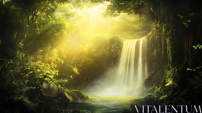Sunlit jungle waterfall pours into misty green pool.