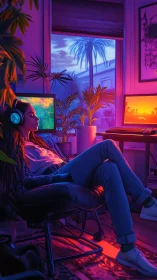 Young woman relaxing in neon lit room with dual monitors.