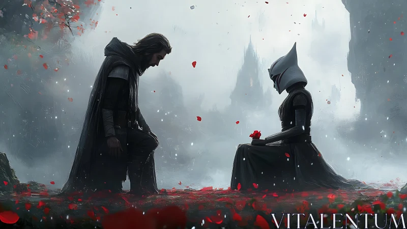 Two cloaked figures face each other amid falling red petals