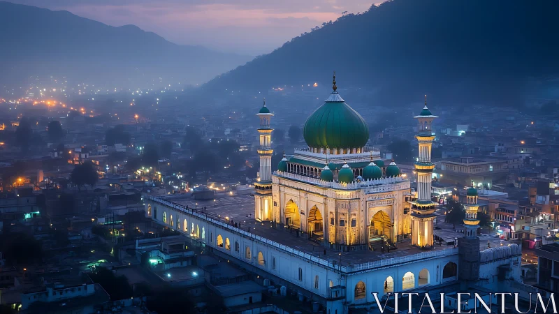 Illuminated mosque complex within dense hillside cityscape.