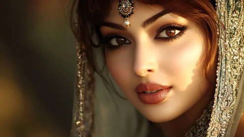 Warm gaze glows beneath jeweled veil and golden sunlight