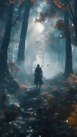 Lone cloaked wanderer crossing misted autumn forest trail.