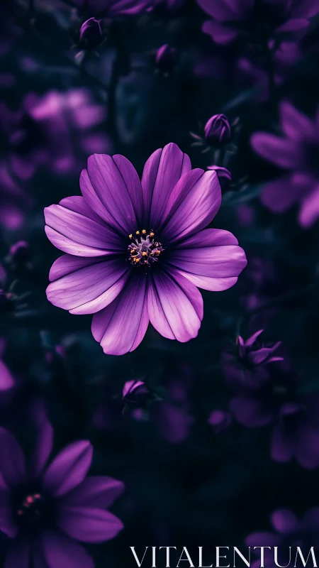 Magenta Cosmos Flower Blooming Against Deep Purple Garden