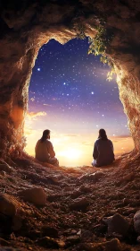 Cave silhouettes observe starry sky over luminous sunrise.
