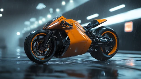 Low-slung orange cyberpunk superbike in wet tunnel environment