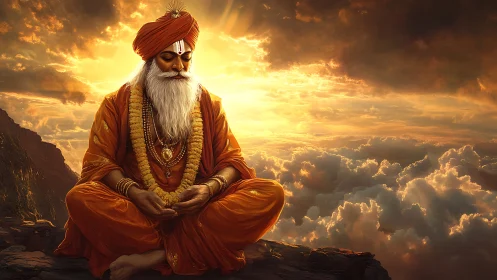 Meditating sage above clouds in warm golden sunset light.