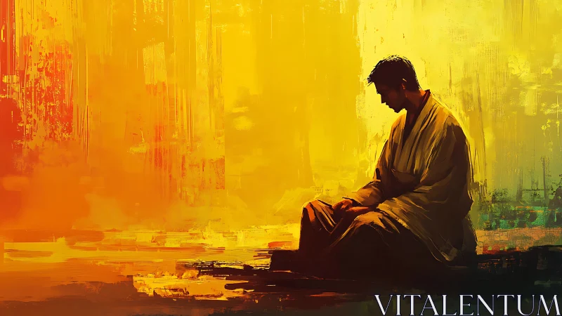Quietly seated figure rests in a warm golden glow of calm