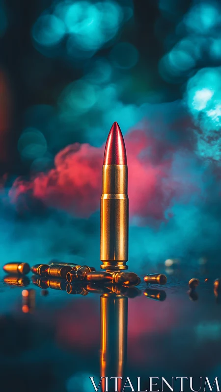 Vertical cartridge stands amid spent rounds and smoke plumes