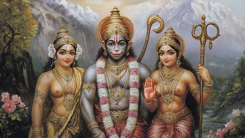 Devotional Hindu trinity in ornate attire before alpine peaks