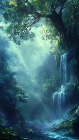 Mystical Forest Sanctuary Glowing With Serene Waterfall Magic