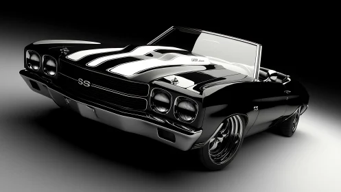 Glossy black muscle car convertible basking in studio light.