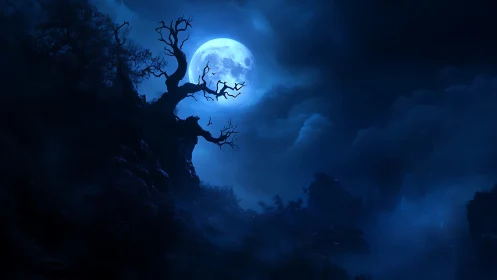 Moonlit haunted tree over misty blue nocturnal valley.