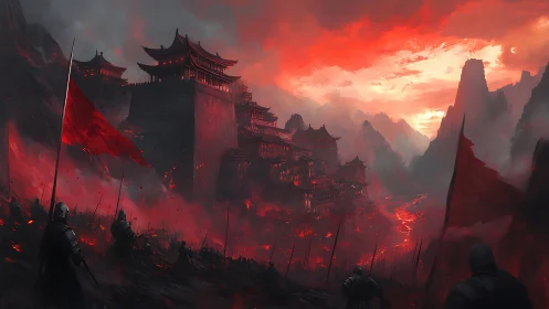 Burning mountain fortress looms over warriors in crimson dusk