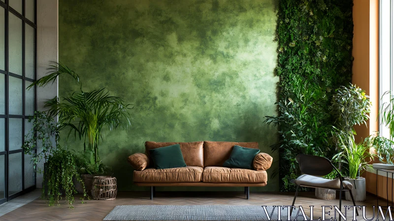 Biophilic living room with moss wall, leather sofa, and diffuse daylight