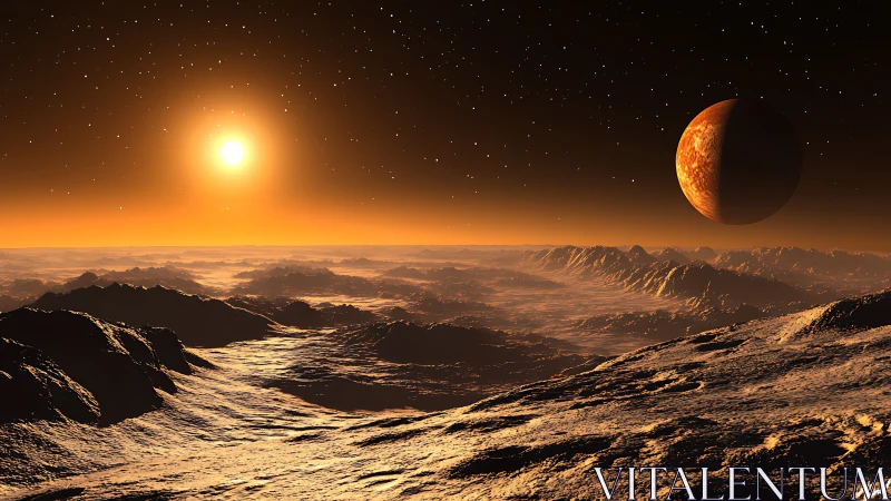 Alien sunrise warms a rugged, frozen extraterrestrial valley