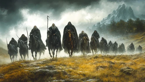 Riders in dark cloaks crossing a misty mountain valley.