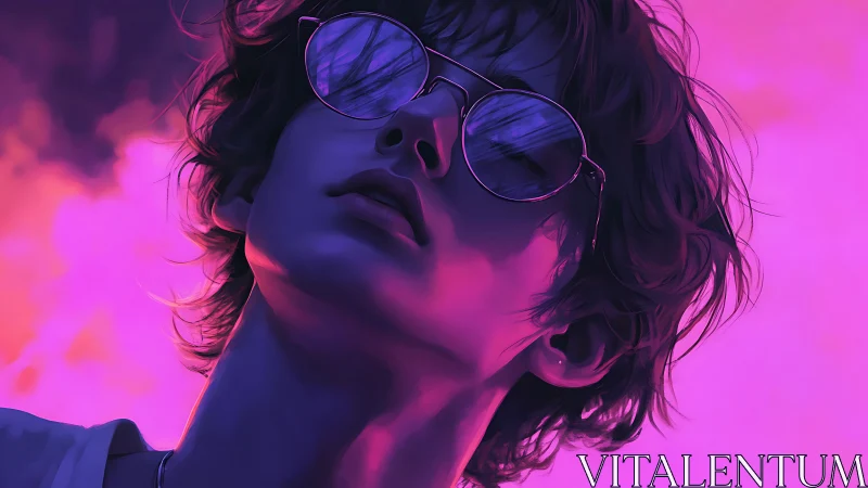 Young person wearing sunglasses under intense neon lighting