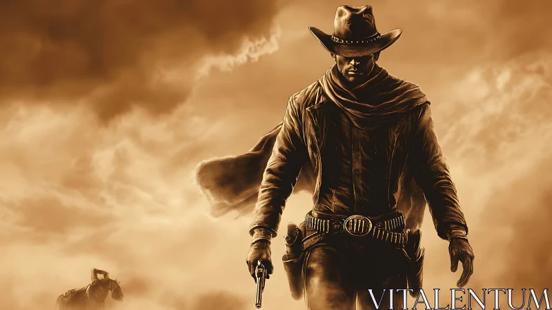 Storm-lit cowboy strides through swirling desert dust