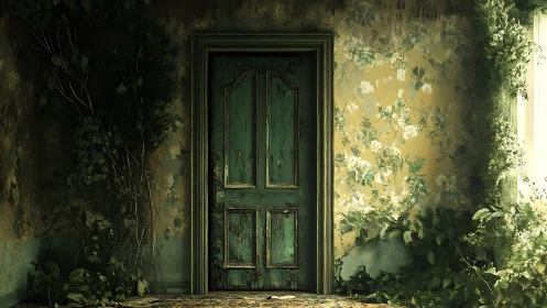 Weathered green door in overgrown, sunlit interior room.