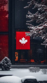 Snowlit maple banner guarding a modern crimson lounge window.