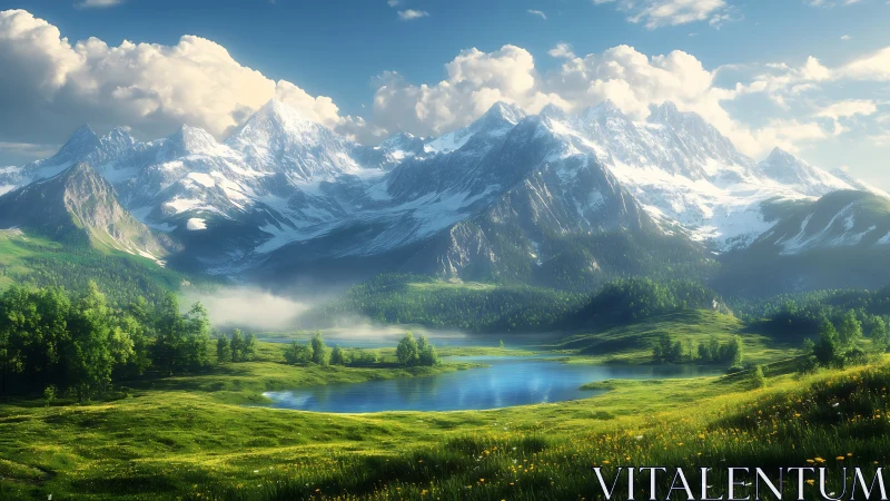 Sunlit alpine lake cradled by peaceful snowcapped peaks.