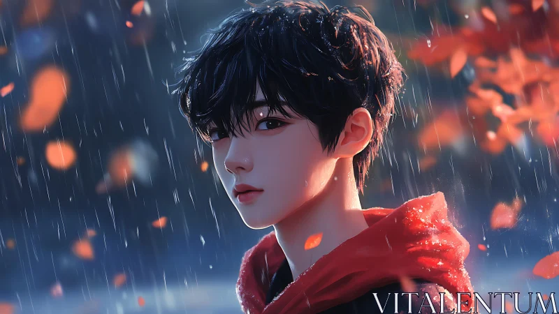 Youthful figure in red hoodie stands in soft autumn rain