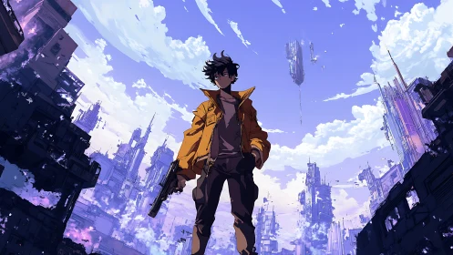 Lone gunman beneath fractured neon skyline in ruins.