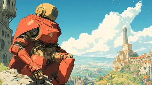 Gentle red robot enjoys a sunlit hilltop view of the city