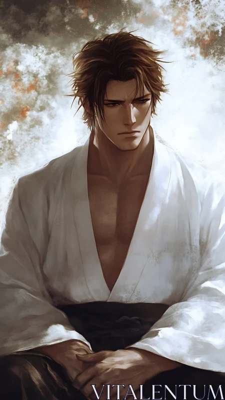 Martial artist seated in white robe against clouded backdrop.