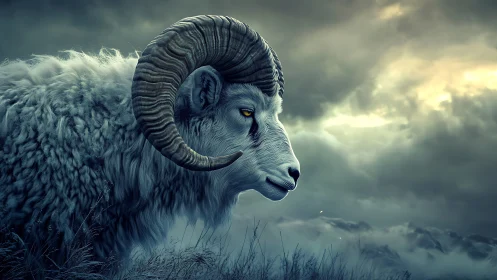 Majestic horned ram in stormlit alpine grassland profile