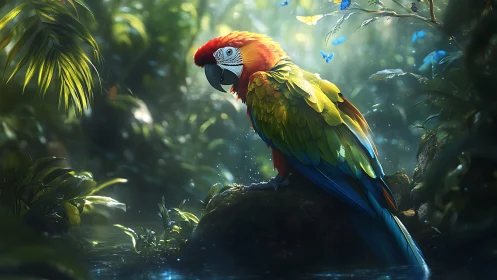 Vibrant macaw resting on mossy rock in lush jungle light.