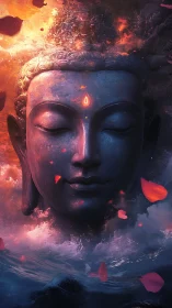 Serene Buddha visage emerges through firelit storm clouds.