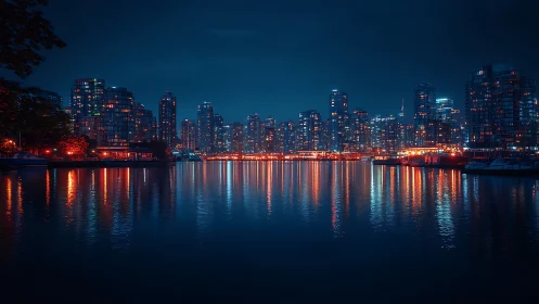 Harbor city night reflections in calm electric blue water.