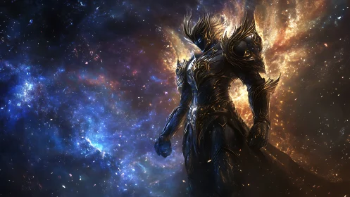 Armored cosmic warrior stands against radiant nebula backdrop