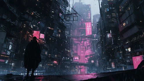 Lone silhouette surveys neon cyberpunk city in heavy rain