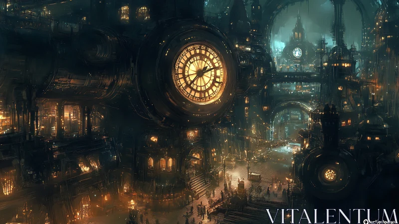 Complex steampunk cityscape displays large illuminated clockworks