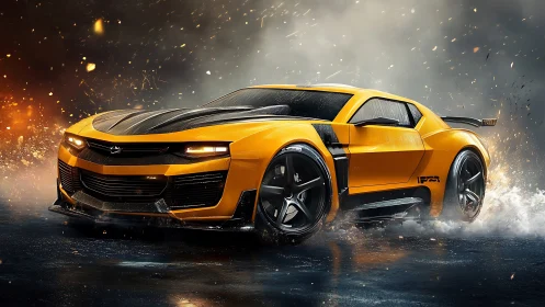 Futuristic yellow muscle car powers through rain and sparks.