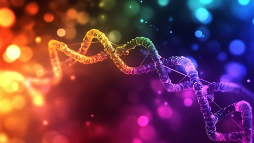 Neon helix dancing through prismatic bokeh cosmos of color.