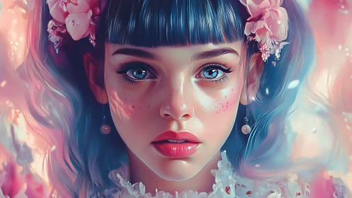 Hyperreal pastel portrait of blue-haired girl with blossoms