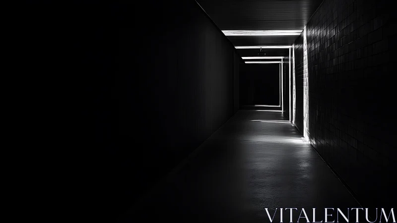 Geometric light traces carve depth into a dark corridor.