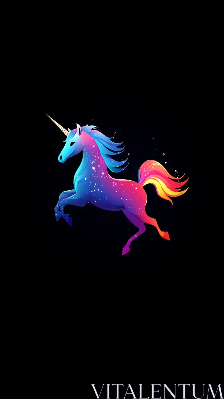 Neon galaxy unicorn silhouette on deep black background.