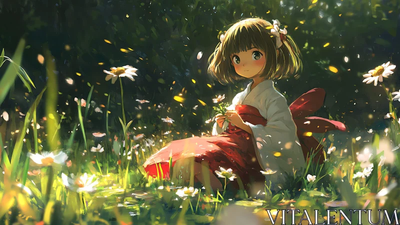 Young girl in kimono sits among glowing meadow flowers at dusk