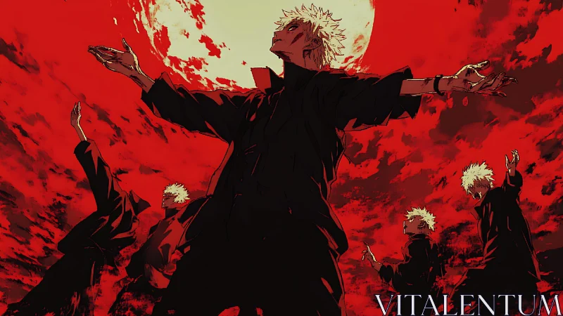 Anime composition of multiplied figure under blood-red sky.