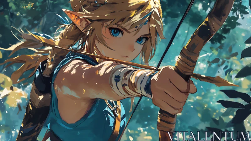 Elf archer in forest draws bowstring with cinematic intensity