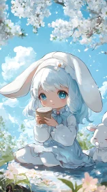 Springtime bunny girl sipping cocoa beneath soft blossoms.
