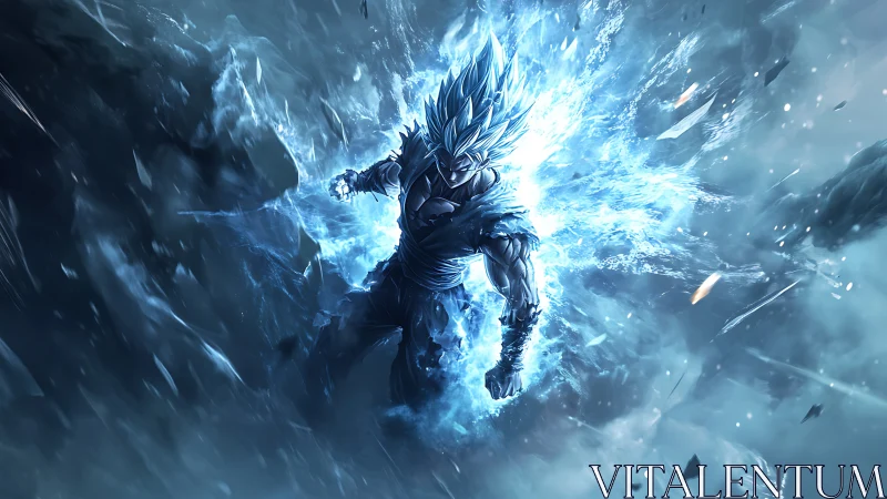 Celestial warrior ignites in blue energy amidst fracturing void.